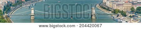 Panorma of the historical Chain Bridge in Budapest, Hungary.