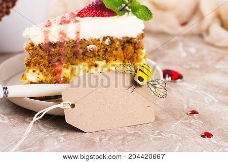 Carrot cake with strawberry sauce and mint. Valentines day dessert. Selective focus