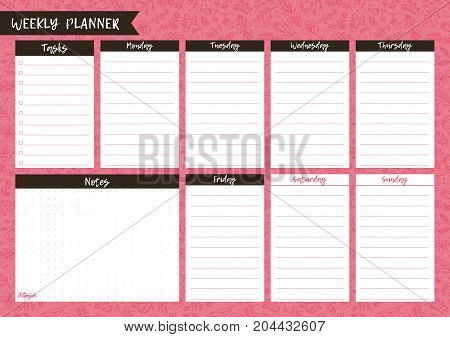 Weekly planner. Cute page for notes. Notebooks, decals, diary, school accessories. Cute romantic vector page.