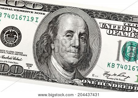 Detail of Ben Franklin on the 100 dollar bill. High resolution photo.