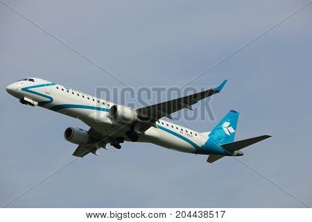 Amsterdam the Netherlands - June 2nd 2017: I-ADJU Air Dolomiti Embraer ERJ-195LR taking off from Polderbaan Runway Amsterdam Airport Schiphol