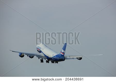 Amsterdam the Netherlands - June 2nd 2017: VQ-BWY Silk Way West Airlines Boeing 747 taking off from Polderbaan Runway Amsterdam Airport Schiphol