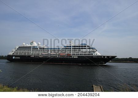 Velsen The Netherlands - June 20th 2017: Azamara Journey - Azamara Club Cruises on North Sea Channel towards Amsterdam Cruise terminal