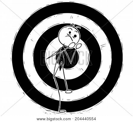 Cartoon Illustration Of Smiling Business Man Standing In Front Of Target.