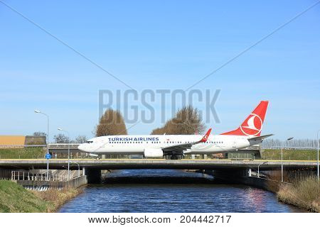Amsterdam the Netherlands - March 25th 2017: TC-JGR Turkish Airlines Boeing 737-800 taxiing to takeoff from Polderbaan runway.