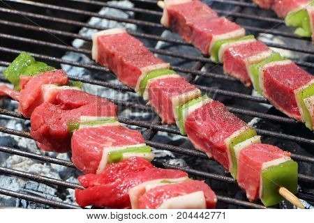 Raw beef brochette on the rack of a barbecue