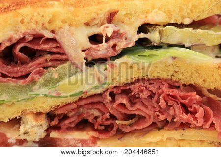 A fresh pastrami sandwich: charcuterie lettuce pickles and mayonaisse