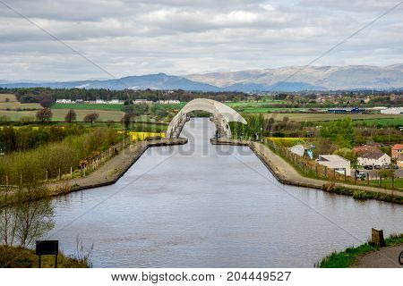 A View Of Falkirk Wheel Aqueduct And Background Hills
