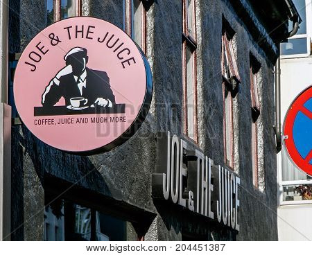Reykjavik Iceland August 22 2017: Joe and The Juice sign is attached to the wall above the entrance to the coffee shop.