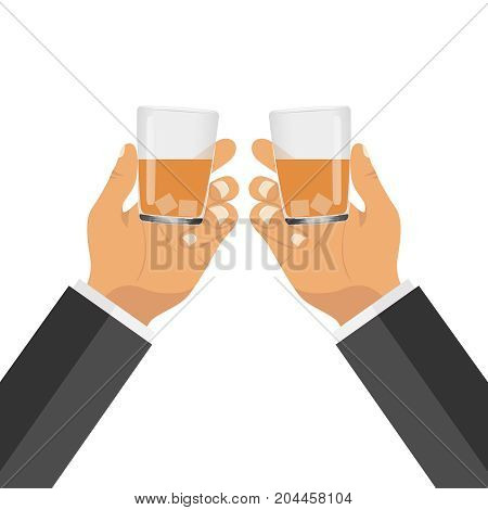Two hands with glasses with a drink. Clinking glasses. Flat design vector illustration vector.