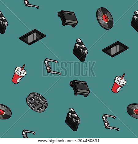Cinema color outline isometric pattern. Movie and film elements. Perfect for invitations, cards, posters, banners, flyers