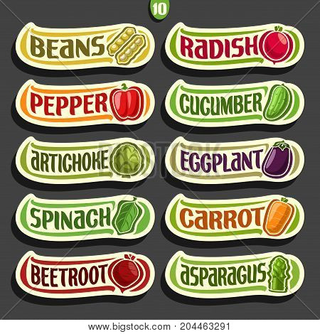Vector Set labels with text for fresh Vegetables: 10 minimal signs of organic vegetables on black, set of cartoon simple stickers for packing vegan nutrition with original font, tags for veg produce.