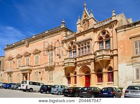MDINA, MALTA - APRIL 1, 2017 - The Bishops Palace in the Pjazza San Pawl Mdina Malta Europe, April 1, 2017.