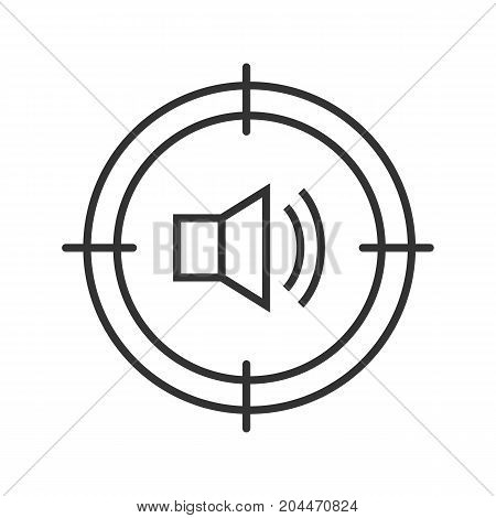 Aim on loudspeaker linear icon. Thin line illustration. Sound technician, soundman searching. Contour symbol. Vector isolated outline drawing
