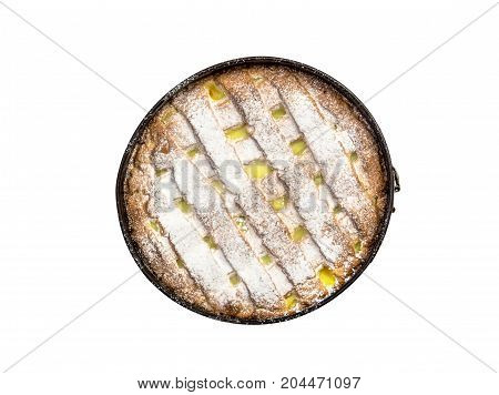 Apple pie in baking form. Isolated on white. Top view.