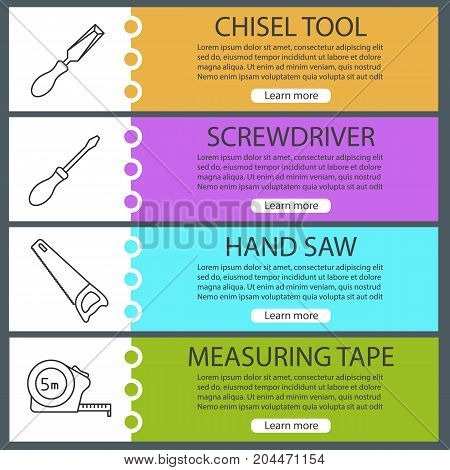 Construction tools web banner templates set. Chisel, screwdriver, hand saw, measuring tape. Website color menu items with linear icons. Vector headers design concepts