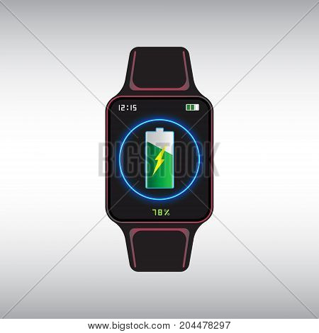 Black recharging smart watch with the level of charge on the screen. Smart watch isolated vector sign. Smart watch flat vector icon.