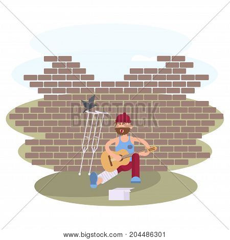 Strolling musician. Homeless man with Guitar. Vagrant Guitarist  with leg in a plaster cast in dirty rags is asking for help. Vector illustration eps 10