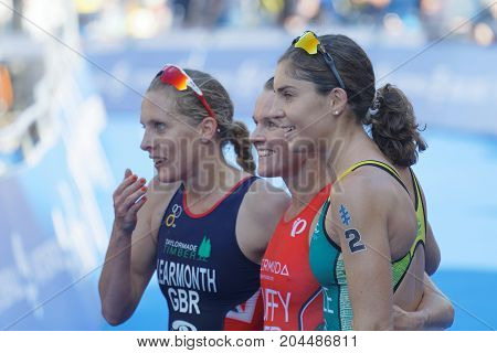 STOCKHOLM - AUG 26 2017: Triathlete medalists Ashleig Gentle and Flora Duffy after the finish in the Women's ITU World Triathlon series event August 26 2017 in Stockholm Sweden