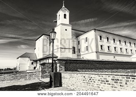 Spilberk castle in Brno Moravia Czech republic. Travel destination. Architectural scene. Beautiful place. Black and white photo.