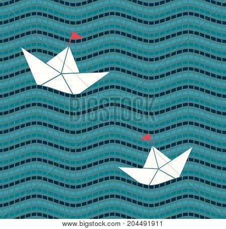 Vector pattern depicting origami ships floating on the waves. Cold color palette