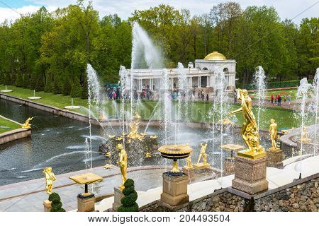 Peterhof, Russia - June 03. 2017. View of the large cascade fountain in Peterhof