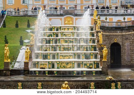 Peterhof, Russia - June 03. 2017. View of the large cascade fountain in Peterhof