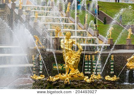 Peterhof, Russia - June 03. 2017. View of Samsons statue in a large cascade fountain