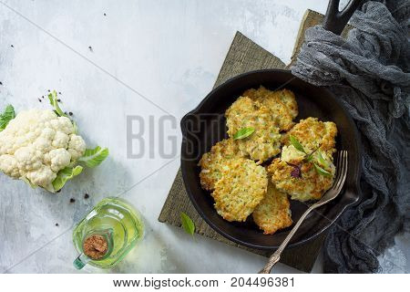 Vegetable Pancakes On Stone Or Slate Background. Fried Vegetarian Cutlets Or Pancakes. The Concept O