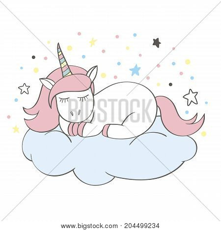 Funny cartoon unicorn character sleeping on a cloud isolated on white background. Fairy lovely pony. Children illustration. Doodle unicorn for cards, posters, t-shirt prints, textile design.