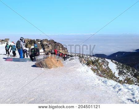 Borovets, Bulgaria - January 30, 2017: Panorama of winter mountains, ski slopes in bulgarian alpine ski resort Borovets