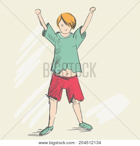 Set. Travel of a foot tourist. He is dressed of red pants and a green T-shirt. The story of the difficulties in his way. A teenager is standing in torn clothes. Glad. The man raised his hands