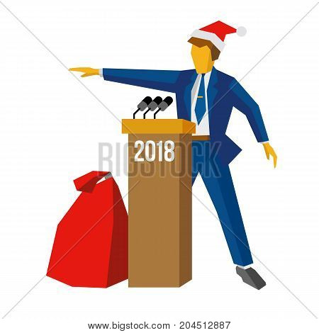 New Year 2018 concept - speaker at podium in Santa hat. Man standing at rostrum, big gift bag near. Annual press conference or presentation. Flat vector illustration, isolated on white background