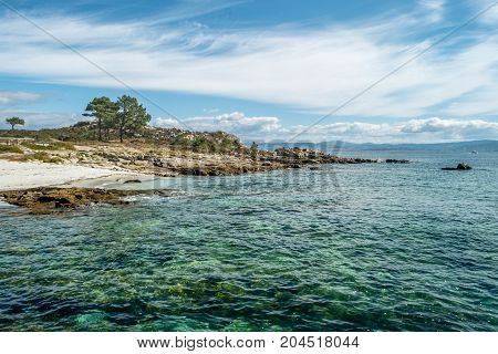 ISLAS CIES SPAIN - CIRCA SEPTEMBER 2017: Seashore at Cies islands of Spain included in the Atlantic Islands of Galicia National Park.