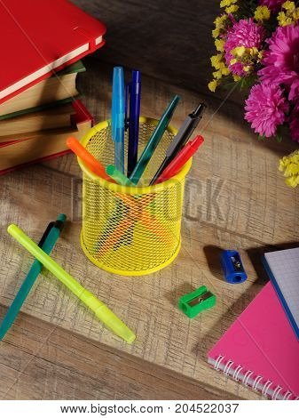 Back to school and education banner with colorful pencils and stationery.