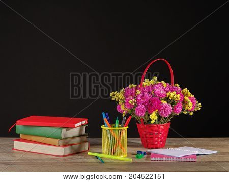 Back to school and education banner with colorful pencils and stationery.