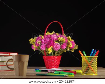 Back to school and education banner with colorful pencils and stationery.