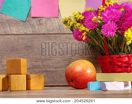 Back to school concepty with clear blackboard background, desk, items