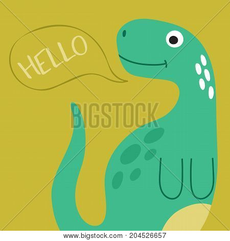 Cute cartoon dino illustration with hello speech booble