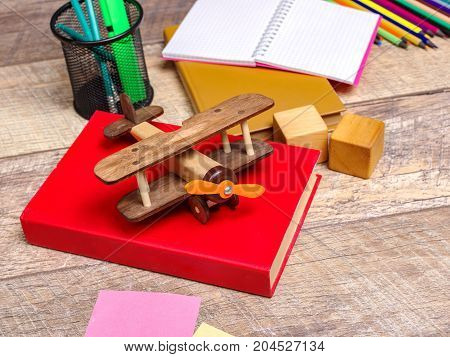 Back to school concepty with clear blackboard background, desk, items