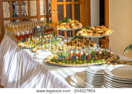 Delicacies and snacks at a buffet or Banquet. Catering. Selective focus.