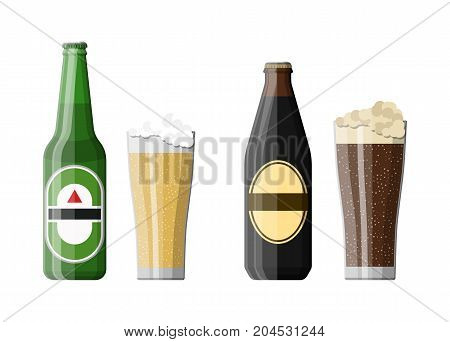 Bottle of dark stout and light beer with glass. Beer alcohol drink. Vector illustration in flat style