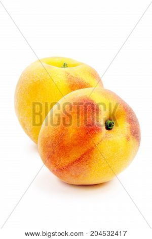 Two peach Isolated on a white background. Summer juicy fruit. Healthy food. Bright juicy colors.