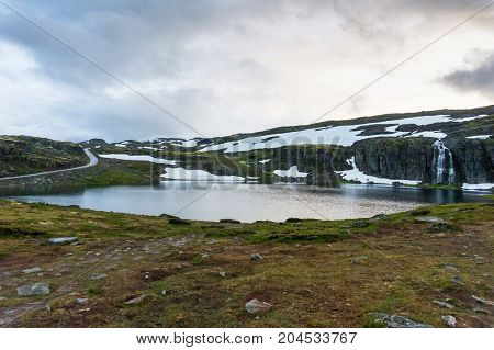 Mountain landscape along the National tourist route Aurlandstjellet. Flotane. Bjorgavegen. Western Norway