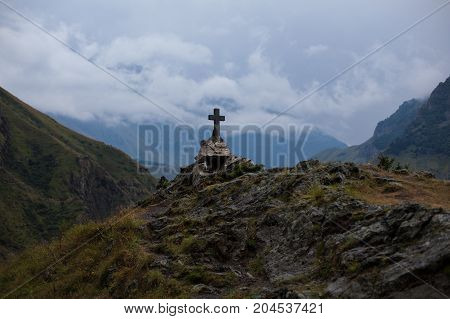 Georgia, Kazbegi Orthodox Cross Near Caucasus Mountains.