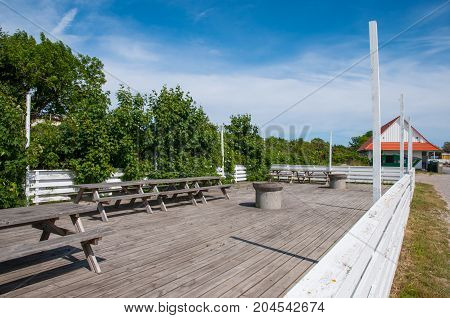 Picnic terrace in town of Klintholm in denmark