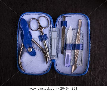 manicure set with stainless steel in leather case; scissors cuticle nippers nail file tweezers washer