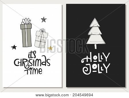 Christmas Hand Drawn Lettering Poctcards. Christmas Lettering Phrases And Quote. Cute New Year Cards
