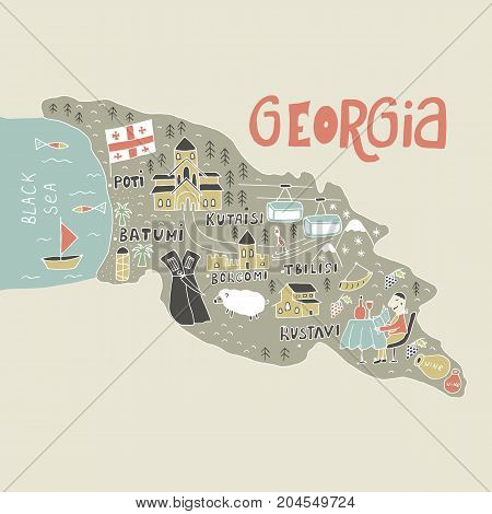 Unique hand drawn cartoon map of Georgia. Vector illustration.