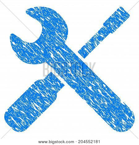 Grunge Wrench And Screwdriver Tools icon with grunge design and dirty texture. Unclean vector blue wrench and screwdriver tools pictogram for rubber seal stamp imitations and watermarks.